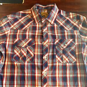Coevals Club Plaid Button-Up Shirt Mens L Short Sleeve Pockets Blue/Red/White